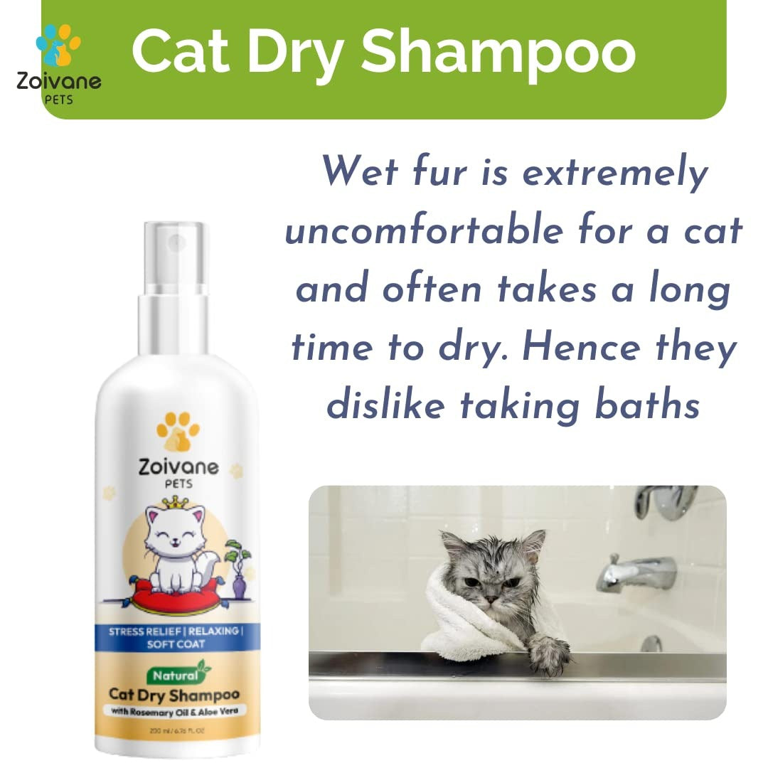 Zoivane Pets Cat Dry Shampoo With Rosemary Oil and Aloe Vera, 200ml.