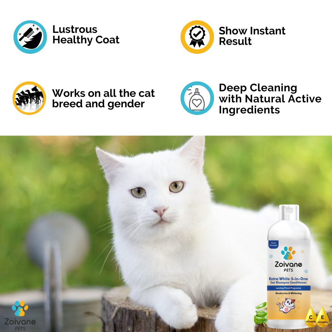 Extra White 5-in-1  Cat Shampoo with Conditioner | Reduces Hair Fall | Enhances Coat Brightness | Ideal for Persian Cats, Kittens, and All Breeds