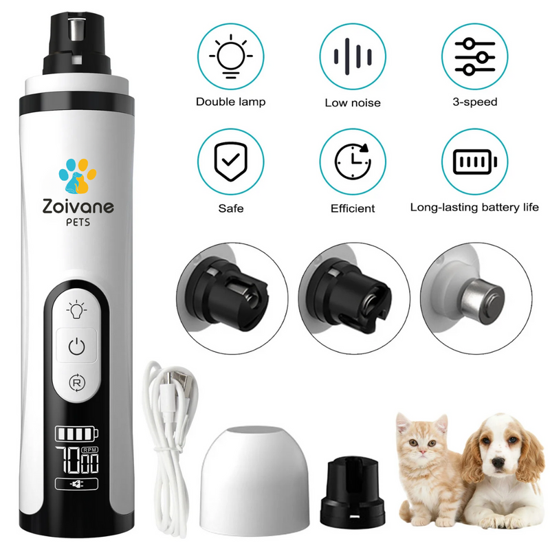 Zoivane Pets Professional Pet Nail Grinder - Electric Rechargeable Nail Trimmer for Dogs & Cats, Quiet & Safe Painless Paw Grooming Tool with 2 Speed Modes and 3 Grinding Ports, USB Charging, Low Noise, Portable