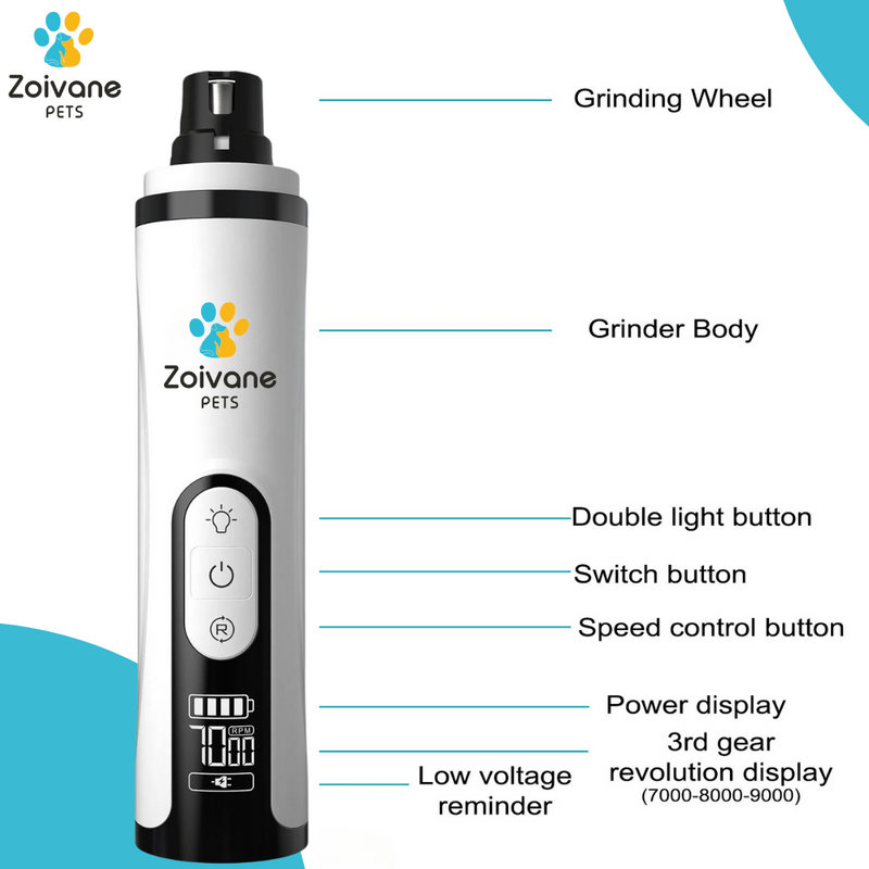 Zoivane Pets Professional Pet Nail Grinder - Electric Rechargeable Nail Trimmer for Dogs & Cats, Quiet & Safe Painless Paw Grooming Tool with 2 Speed Modes and 3 Grinding Ports, USB Charging, Low Noise, Portable