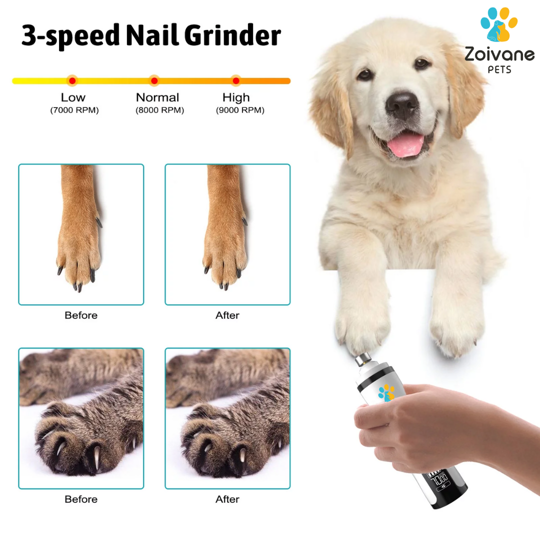 Zoivane Pets Professional Pet Nail Grinder - Electric Rechargeable Nail Trimmer for Dogs & Cats, Quiet & Safe Painless Paw Grooming Tool with 2 Speed Modes and 3 Grinding Ports, USB Charging, Low Noise, Portable