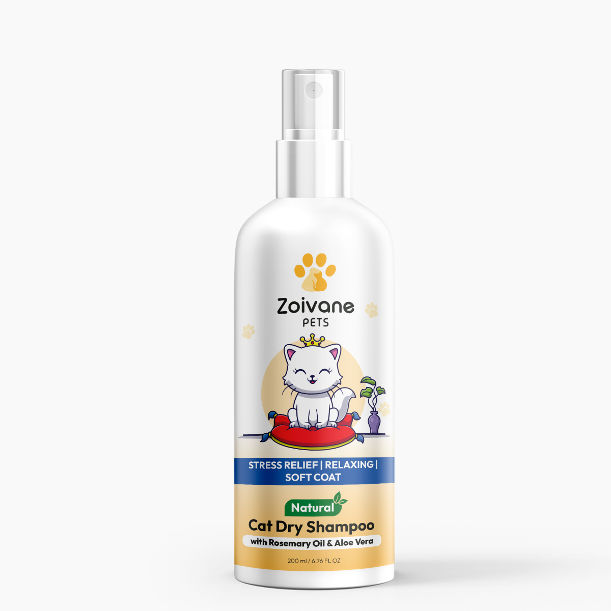 Zoivane Pets Cat Dry Shampoo With Rosemary Oil and Aloe Vera, 200ml.