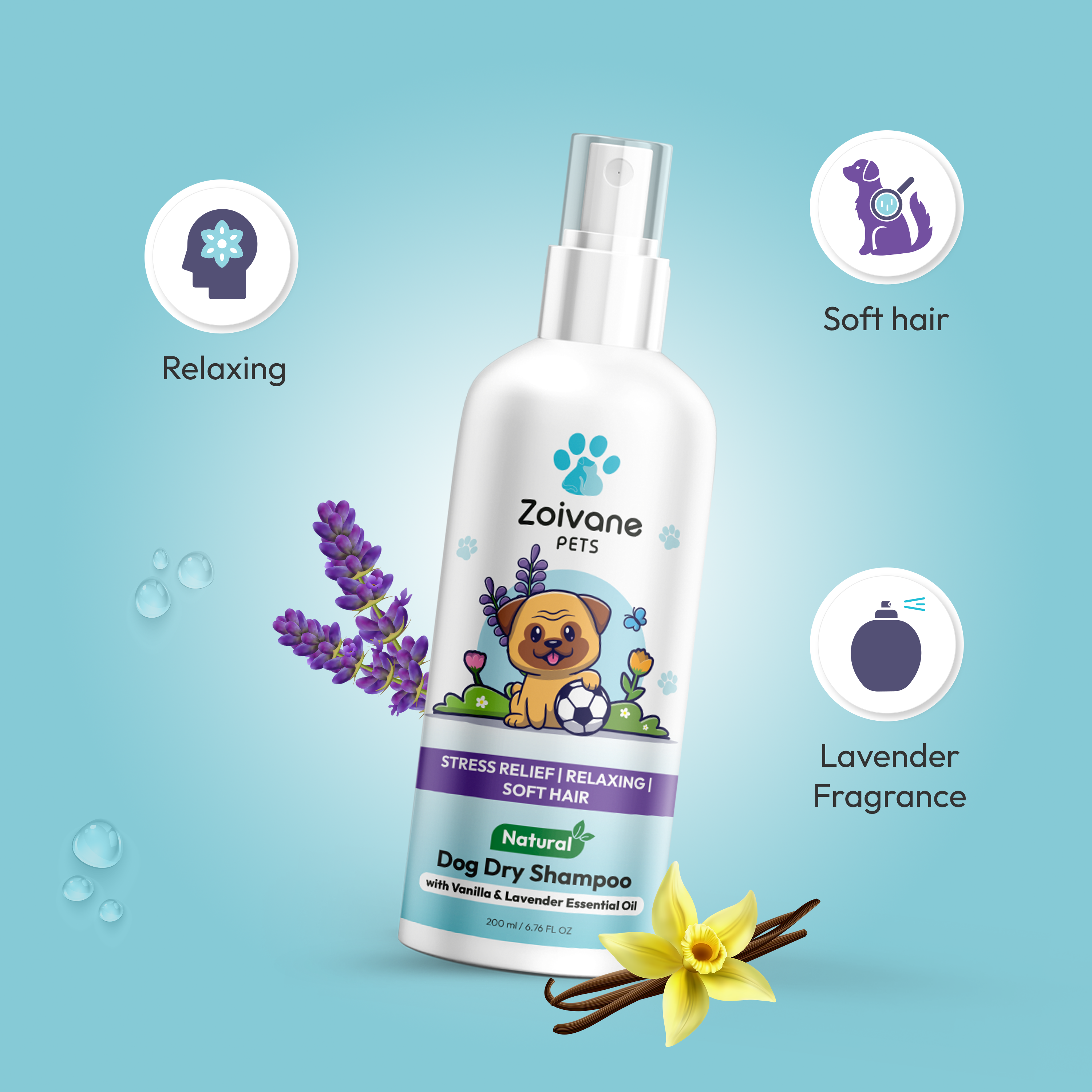 Zoivane Pets Dog dry shampoo with vanilla and lavender essential oil, 200ml