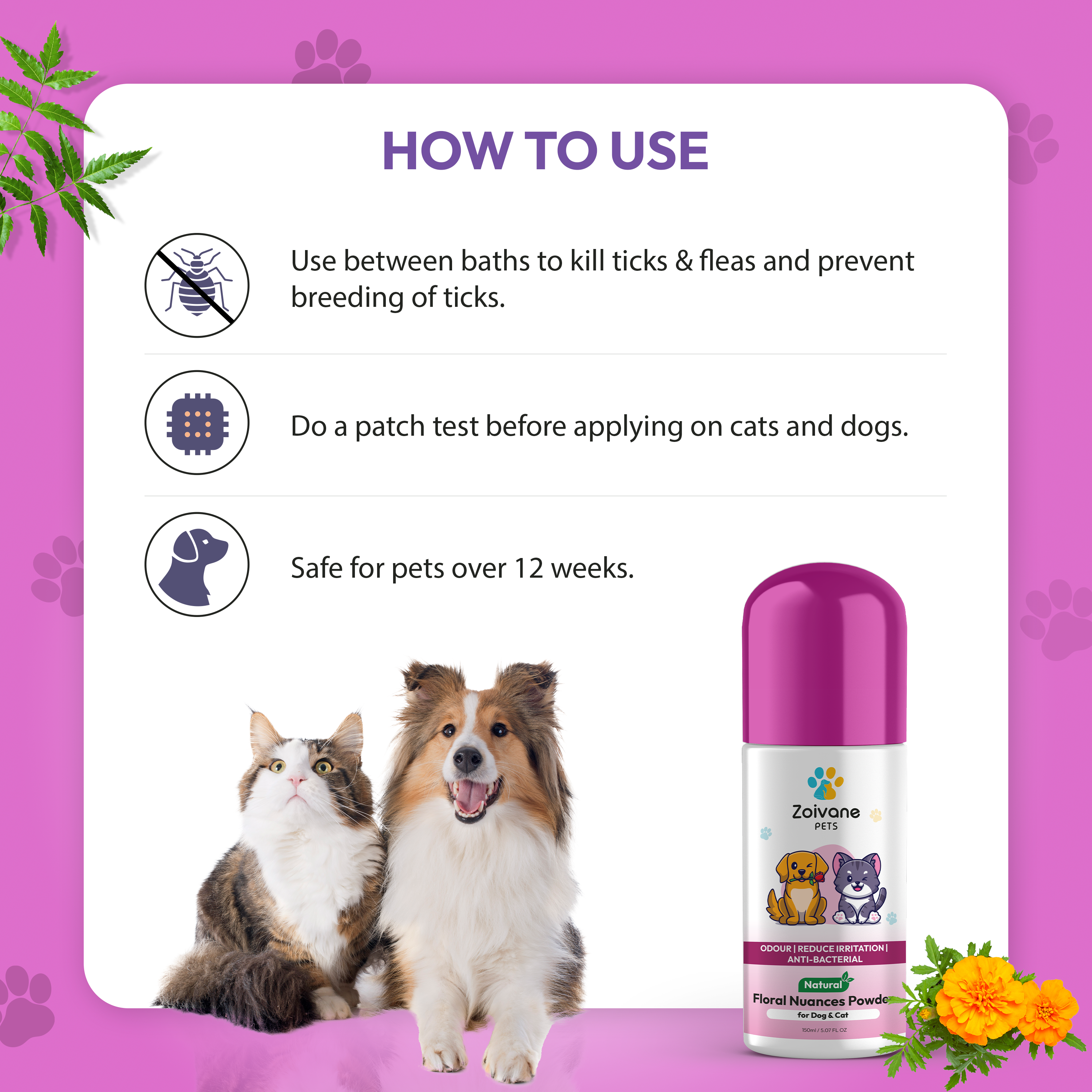 Floral Powder for Dogs – Neem, Rose & Marigold Powder for Natural Skin Care, Odor Control & Coat Freshness